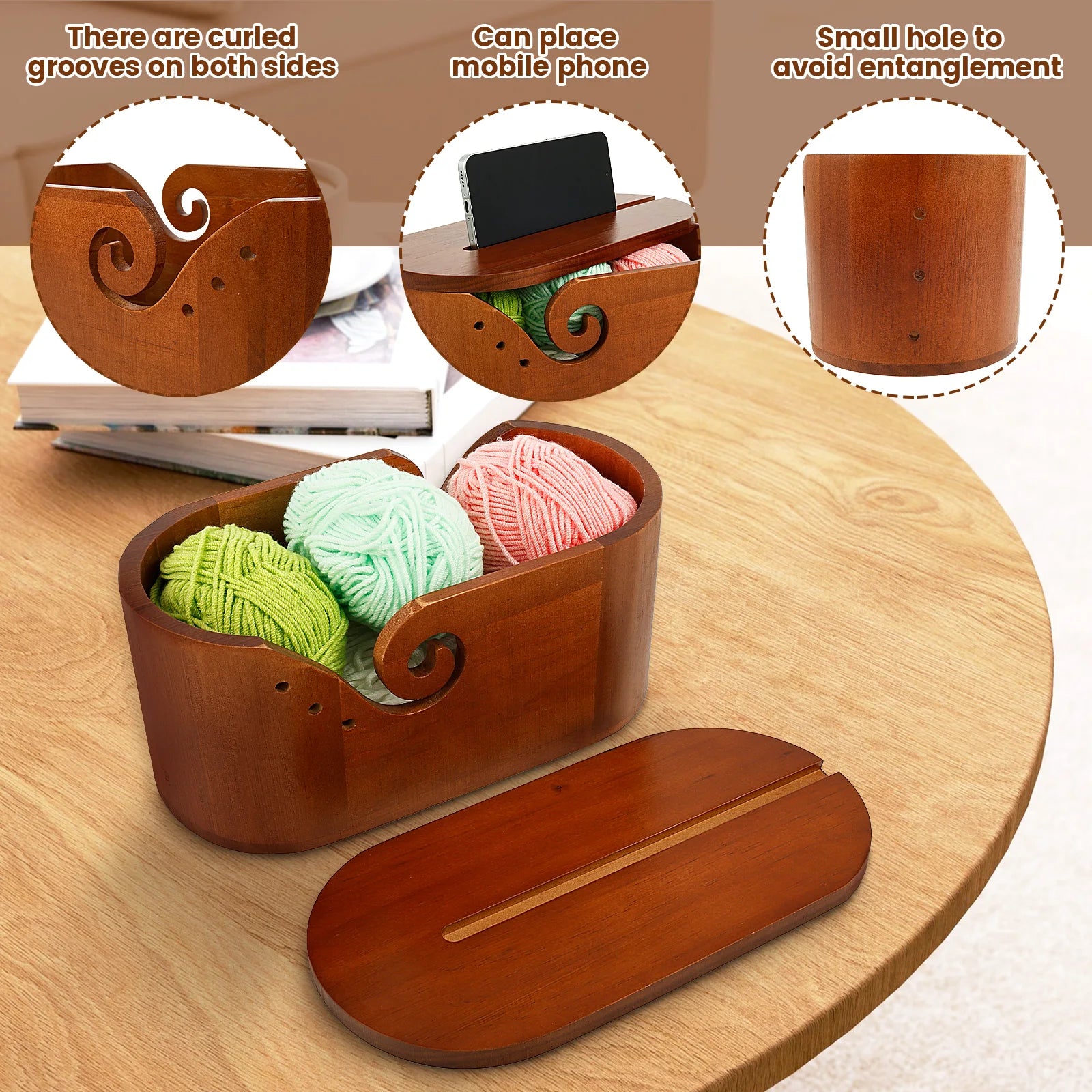 Oval Wooden Yarn Bowl with Lid & Double Slot