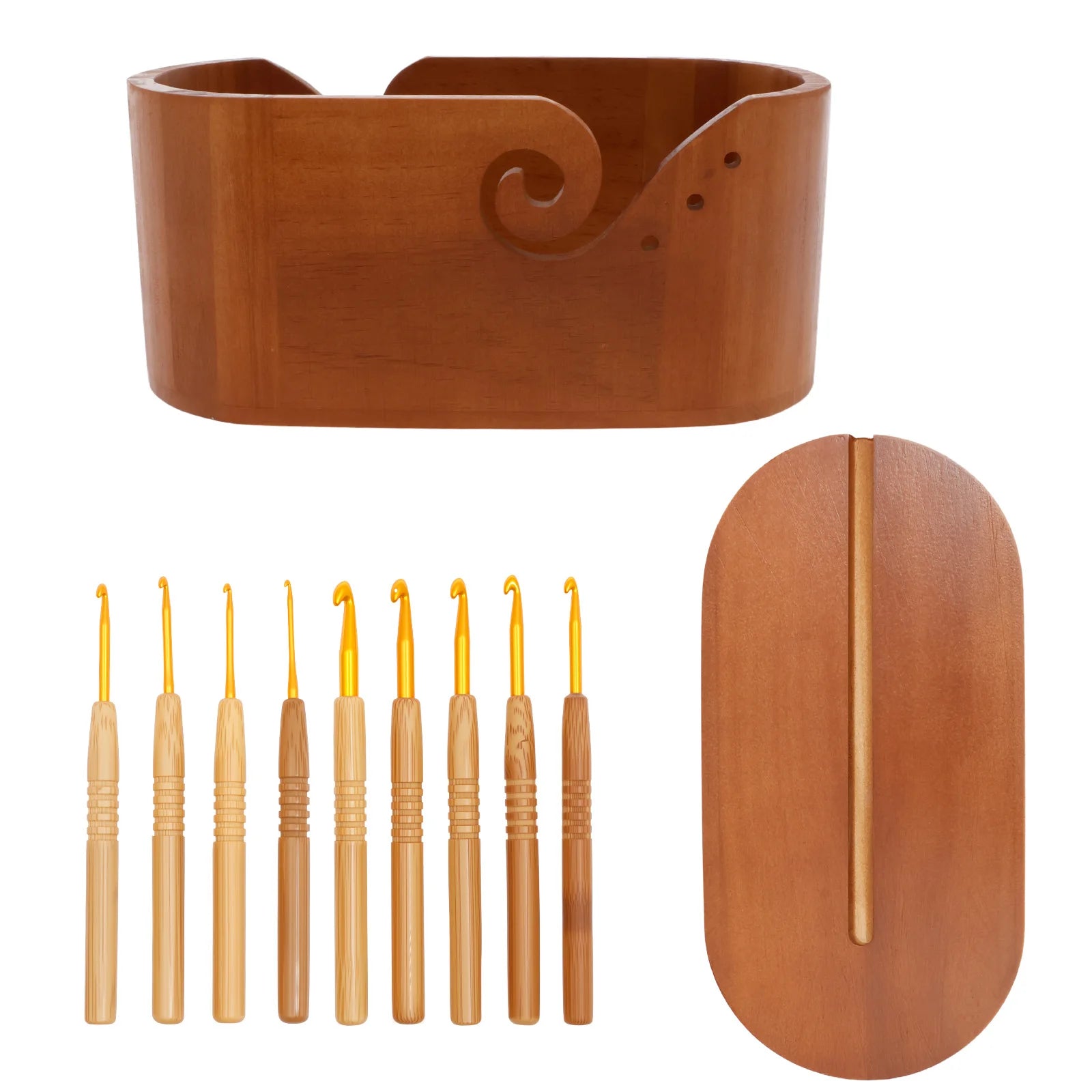 Oval Wooden Yarn Bowl with Lid & Double Slot