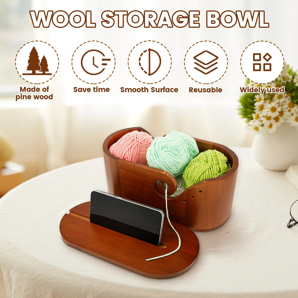 Oval Wooden Yarn Bowl with Lid & Double Slot