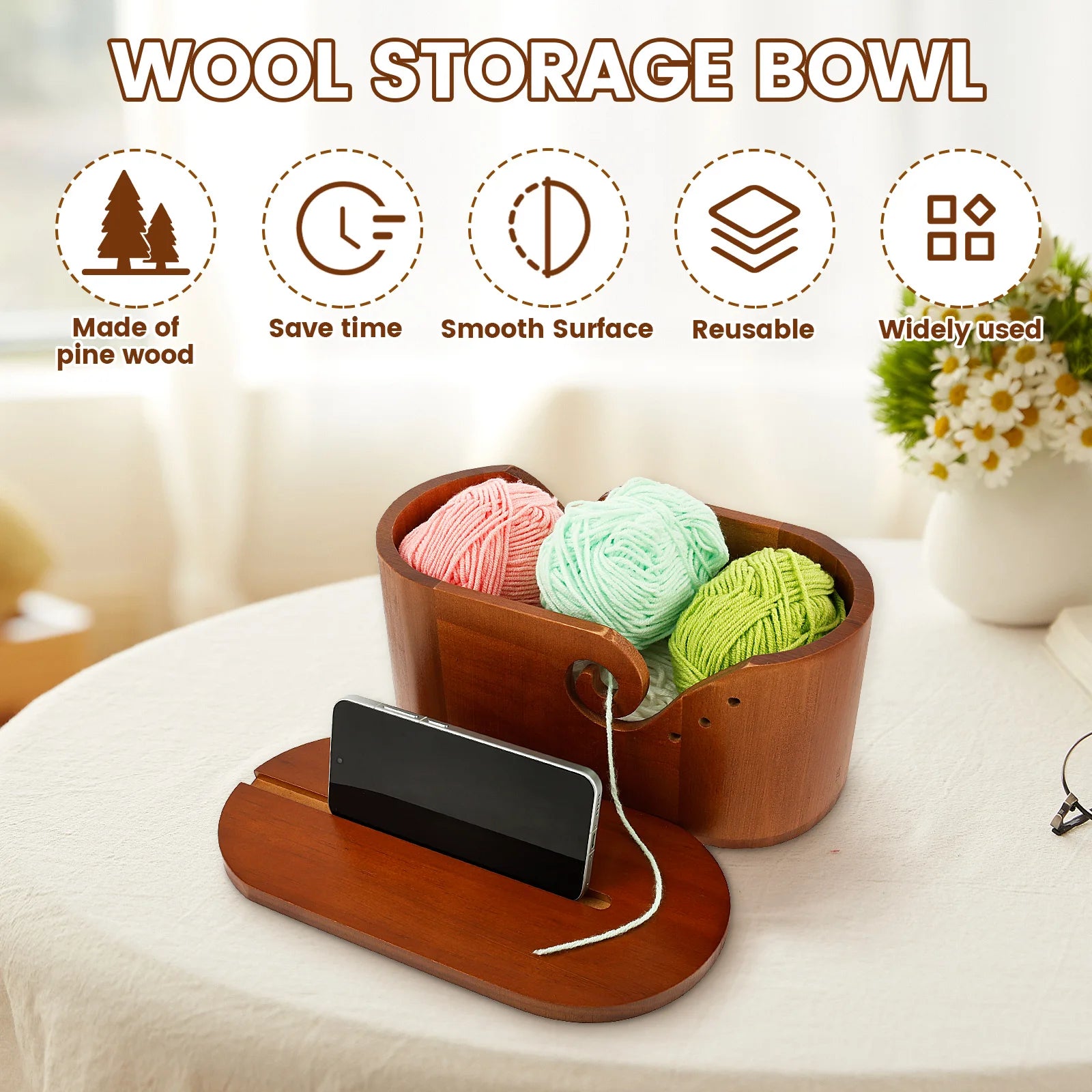 Oval Wooden Yarn Bowl with Lid & Double Slot