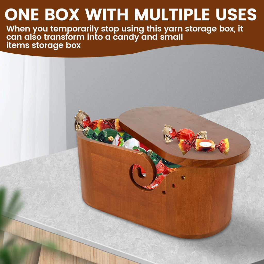 Oval Wooden Yarn Bowl with Lid & Double Slot