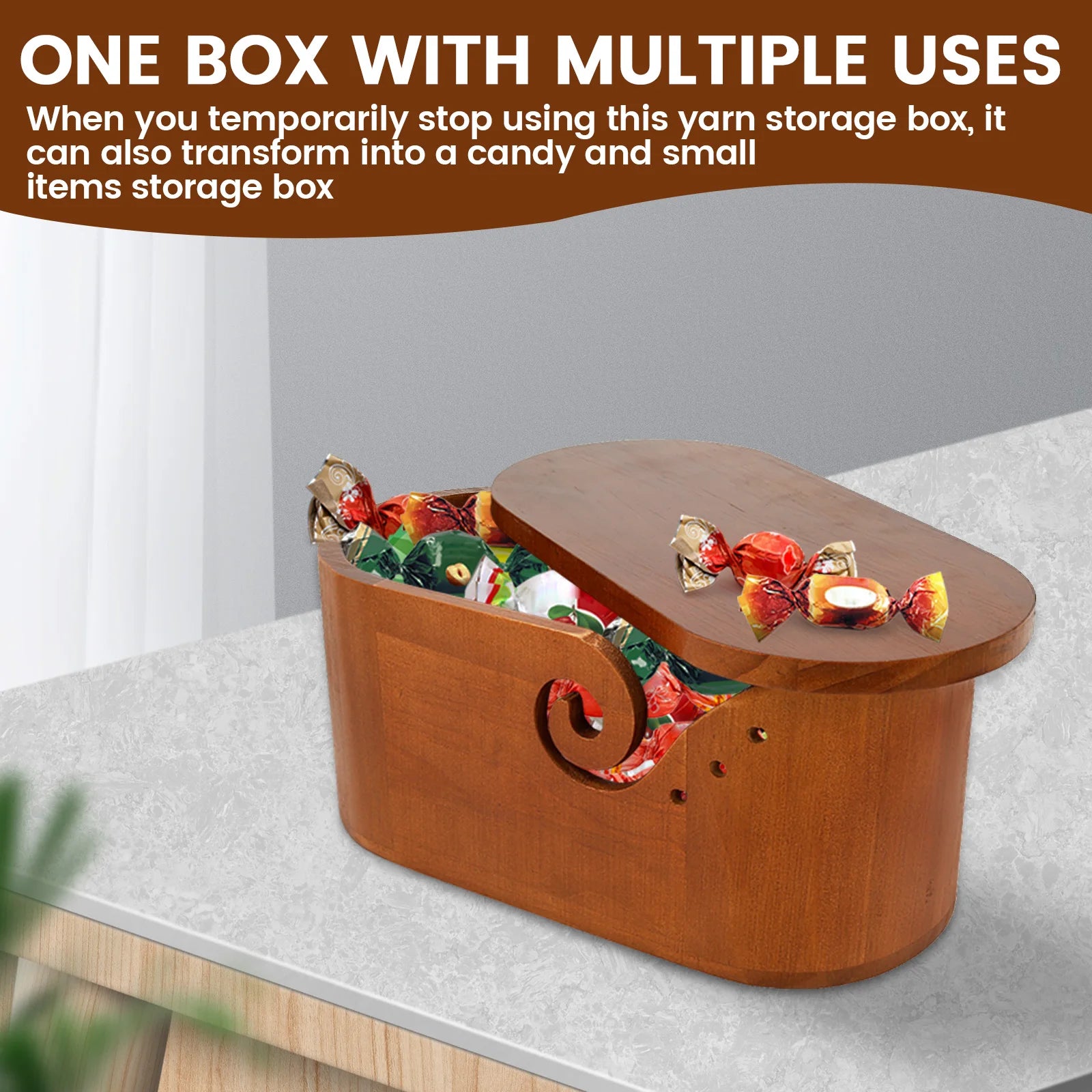Oval Wooden Yarn Bowl with Lid & Double Slot