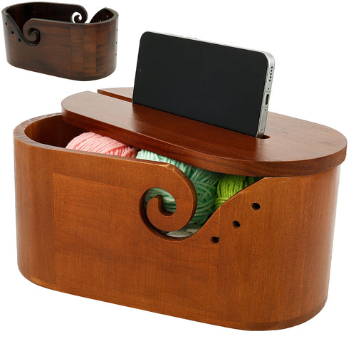 Oval Wooden Yarn Bowl with Lid & Double Slot