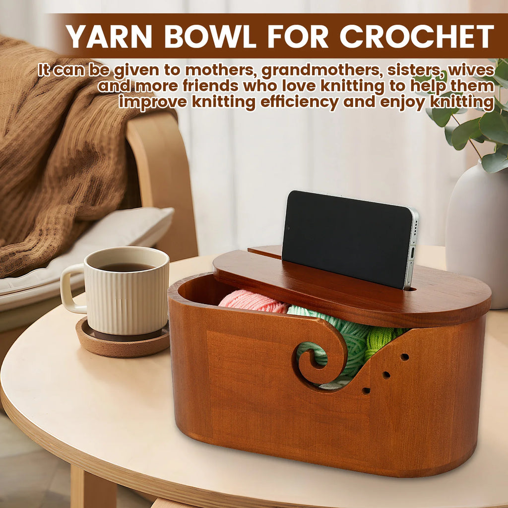 Oval Wooden Yarn Bowl with Lid & Double Slot