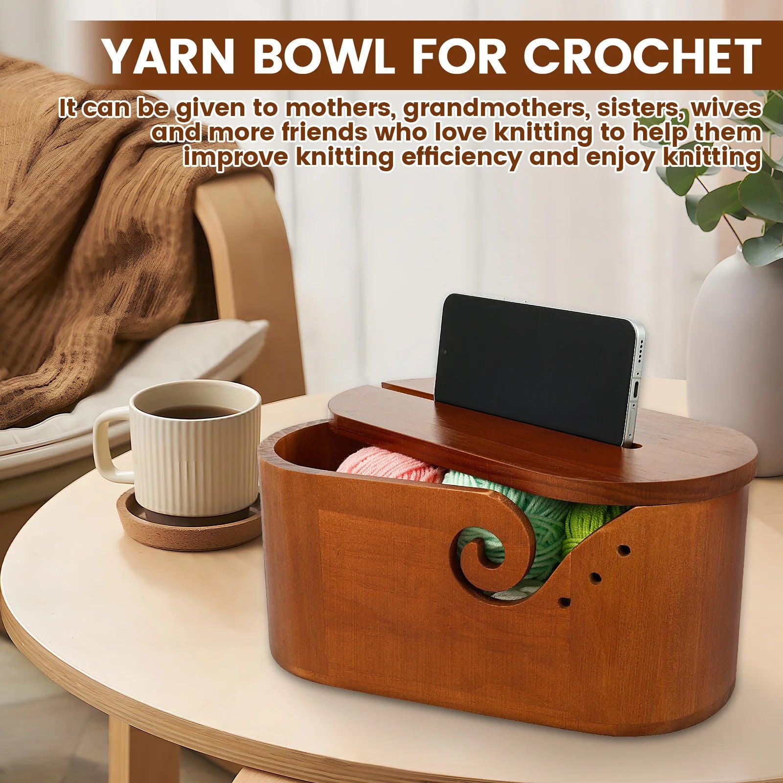 Oval Wooden Yarn Bowl with Lid & Double Slot