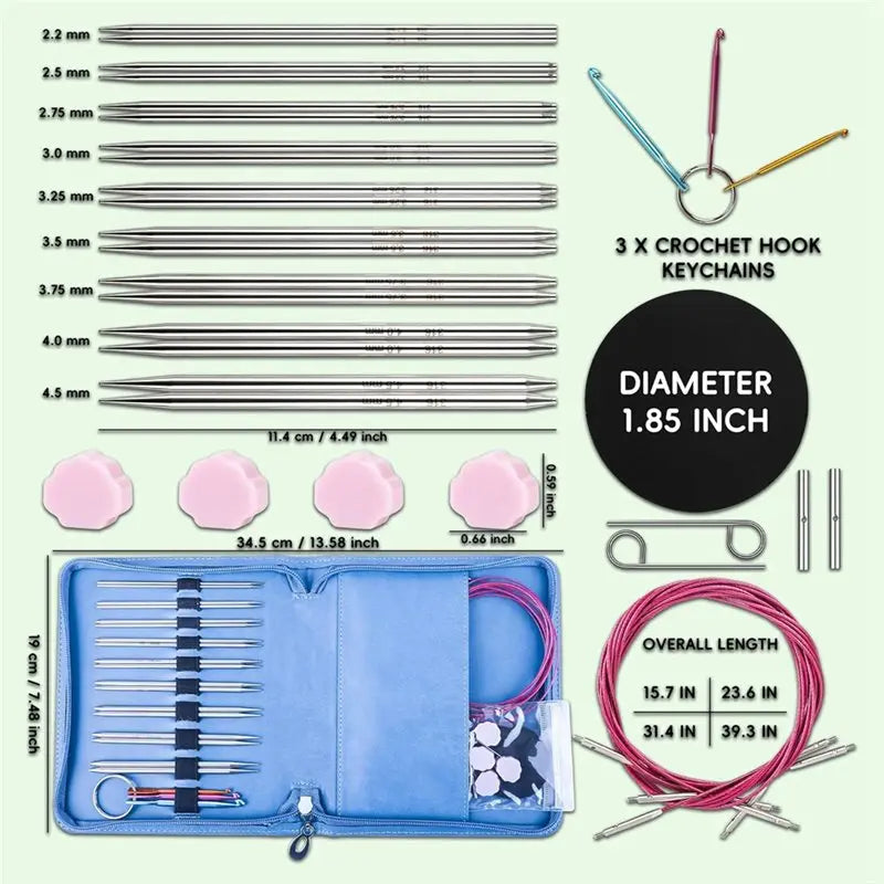 4.5 Inch Lace Interchangeable Circular Knitting Needle Set, Sizes US 1, 1.5, 2, 2.5, 4, 5, 6, 7 Interchangeable